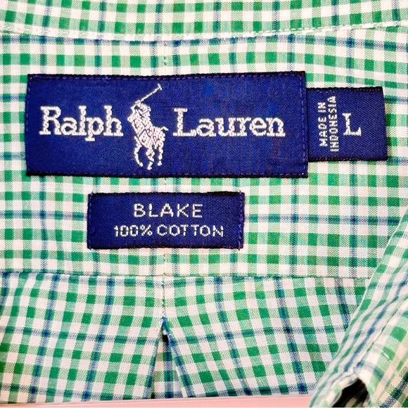 Ralph Lauren Men's L Green & Blue Gingham Checkered Plaid Shirt ~ Excellent - Picture 4 of 8
